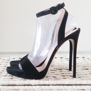 Prada Black Suede Stilettos High Heel Sandals Party Minimalist Shoe Italy US 9.5